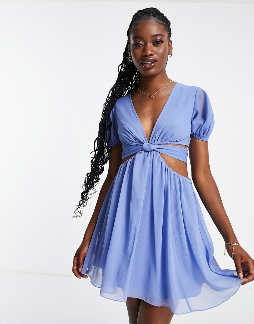 ASOS DESIGN soft tiered mini dress with tie waist detail in blue