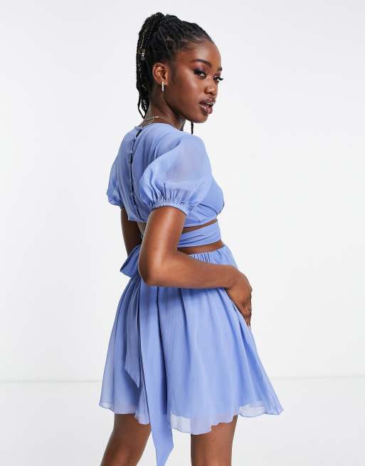 ASOS DESIGN soft tiered mini dress with tie waist detail in blue ASOS