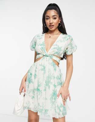 ASOS DESIGN soft tiered mini dress with tie waist detail in green floral | ASOS