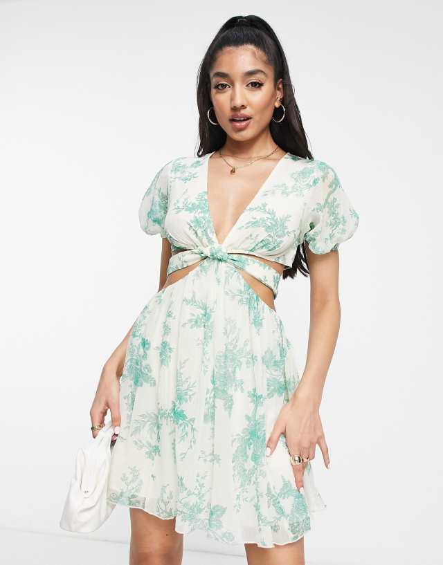 ASOS DESIGN soft tiered mini dress with tie waist detail in green floral