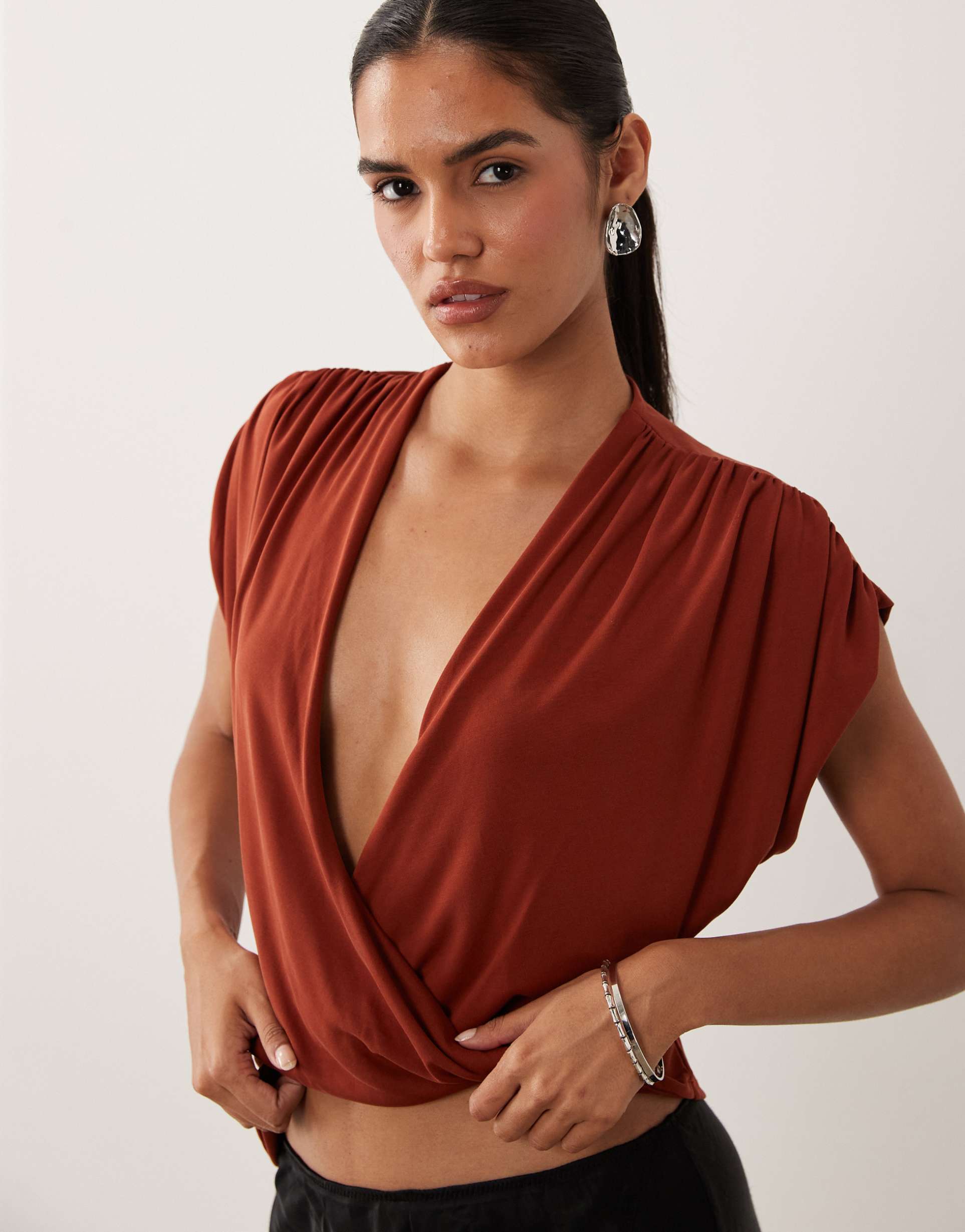 asos design soft touch asymmetric drape plunge neck top in rust red