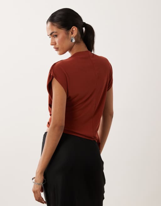 ASOS DESIGN soft touch asymmetric drape plunge neck top in rust red, 4 of 4