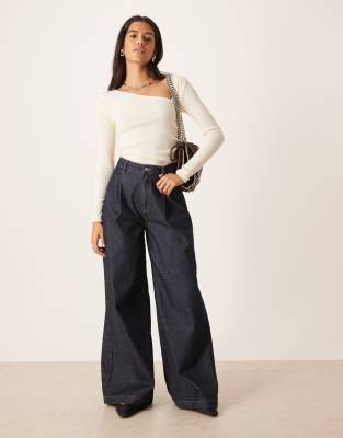 Asos Design Soft Touch Asymmetric Neck Waist Detail Long Sleeve Top In White