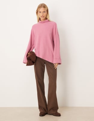 Asos Design Soft Touch Asymmetric Sweater With Rolled Cuffs In Pink