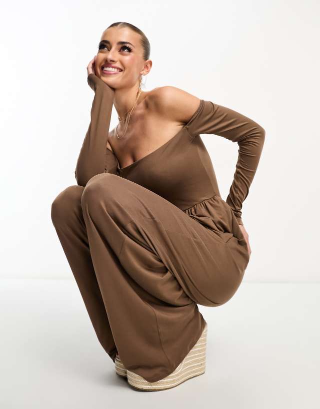 ASOS DESIGN - soft touch bardot jumpsuit with wide leg in mocha