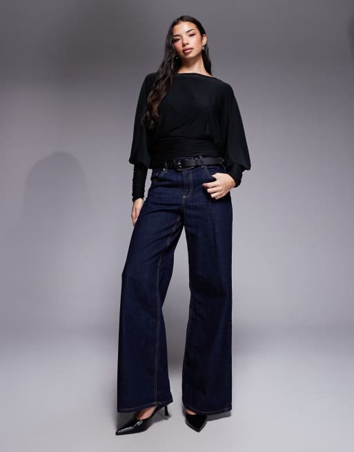 ASOS DESIGN soft touch batwing draped top with cinched waist in black, 2 of 4