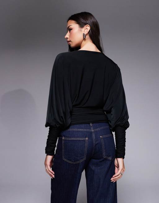 ASOS DESIGN soft touch batwing draped top with cinched waist in black, 4 of 4