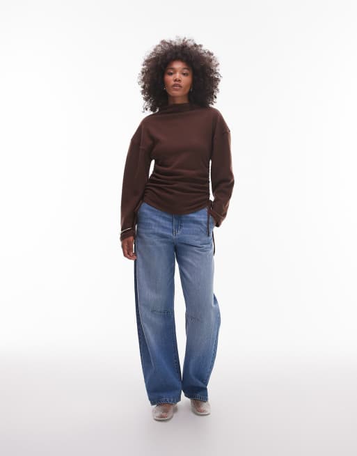ASOS DESIGN soft touch batwing sleeve top with grown on neck in dark chocolate
