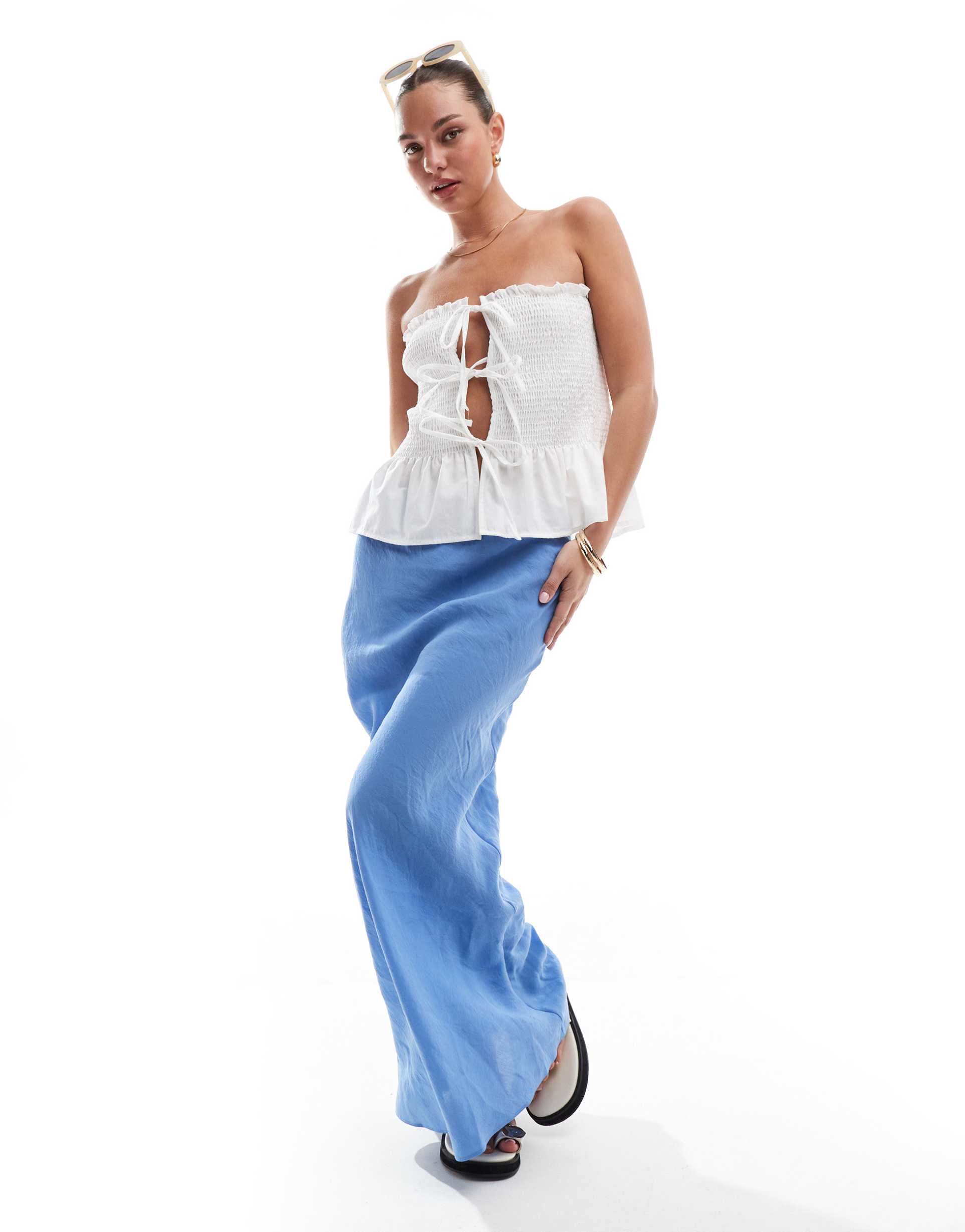 asos design soft touch bias maxi skirt in blue