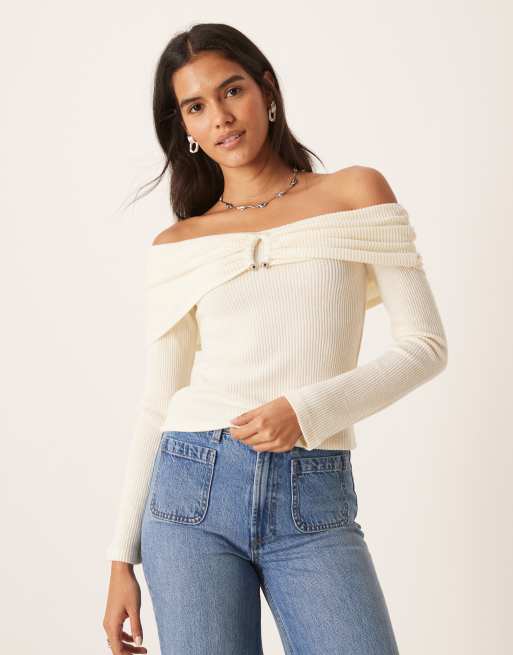 ASOS DESIGN soft touch brushed rib hardware detail off shoulder jumper