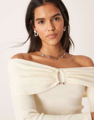 Asos Design Soft Touch Brushed Rib Hardware Detail Off-shoulder Sweater-white In White