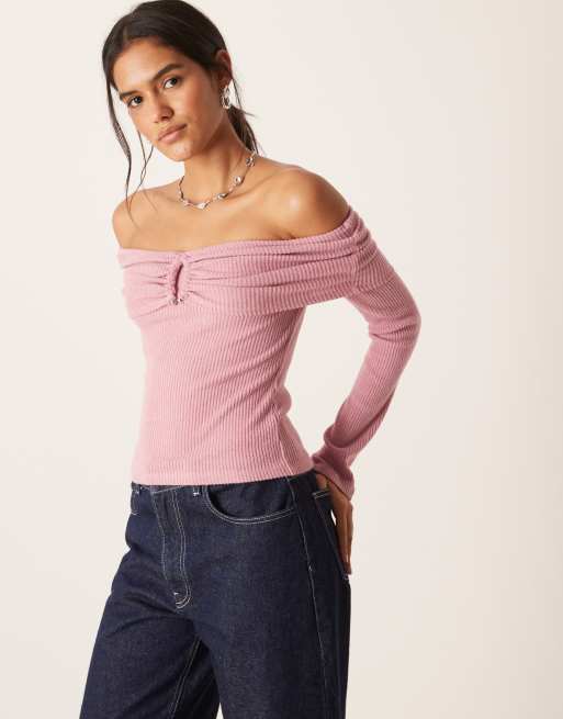 ASOS DESIGN soft touch brushed rib hardware detail off-shoulder sweater