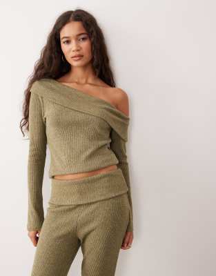 Asos Design Soft Touch Brushed Rib Knit Long Sleeve Off The Shoulder Top In Green