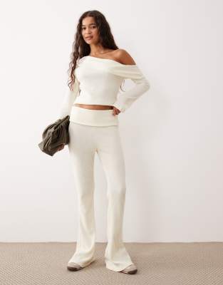 Asos Design Soft Touch Brushed Rib Knit Long Sleeve Off The Shoulder Top In White