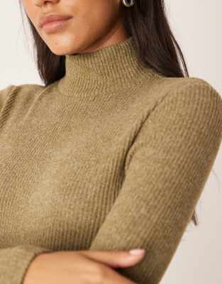 Asos Design Soft Touch Brushed Rib Long Sleeve Roll Neck Top In Green
