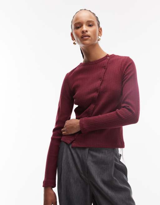 ASOS DESIGN soft touch brushed rib long sleeve top with asymmetric button details in burgundy