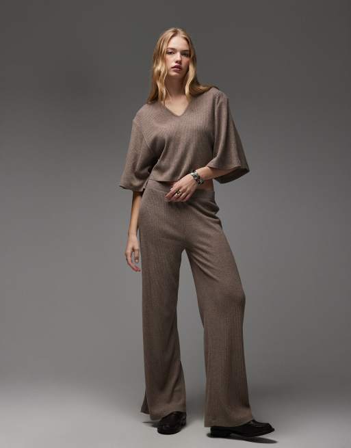 ASOS DESIGN soft touch brushed rib wide leg co-ord in mocha