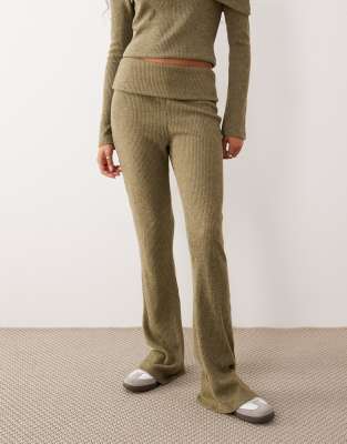 Asos Design Soft Touch Brushed Rib Wide Leg Pants Set In Green