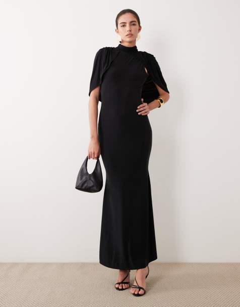 ASOS DESIGN soft touch cape sleeve detail puddle maxi dress in black - view 1
