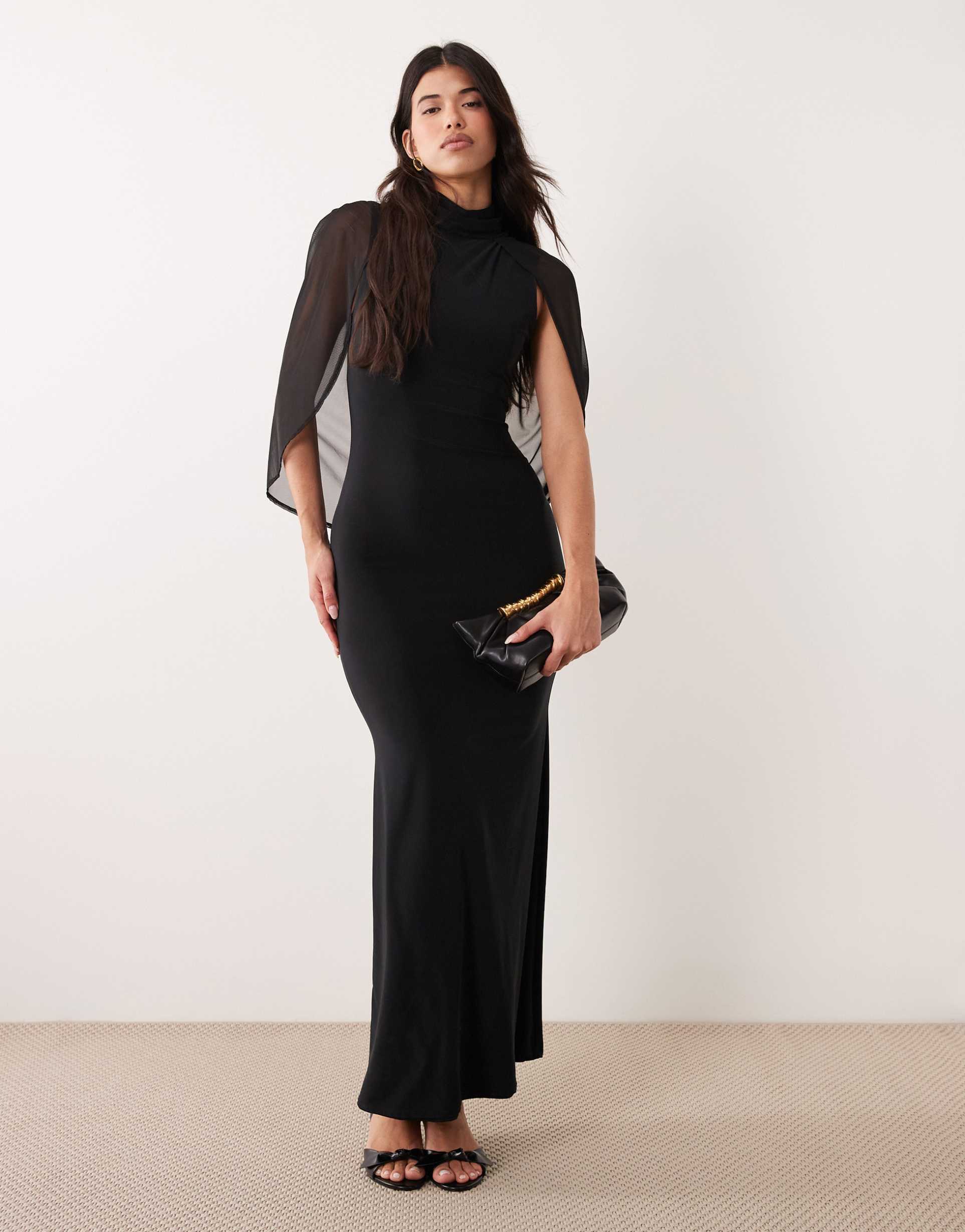 asos design soft touch cape sleeve detail puddle maxi dress in black