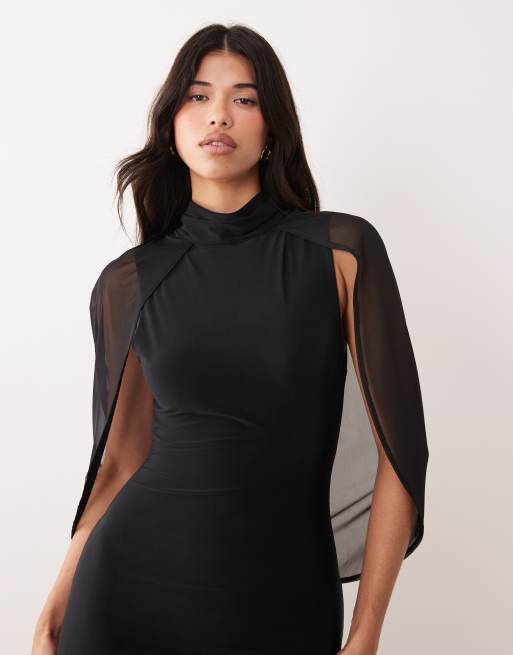 ASOS DESIGN soft touch cape sleeve detail puddle maxi dress in black, 2 of 4