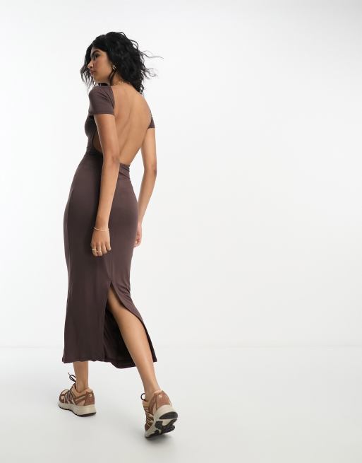 ASOS DESIGN soft touch capped sleeve scoop back maxi dress with in chocolate
