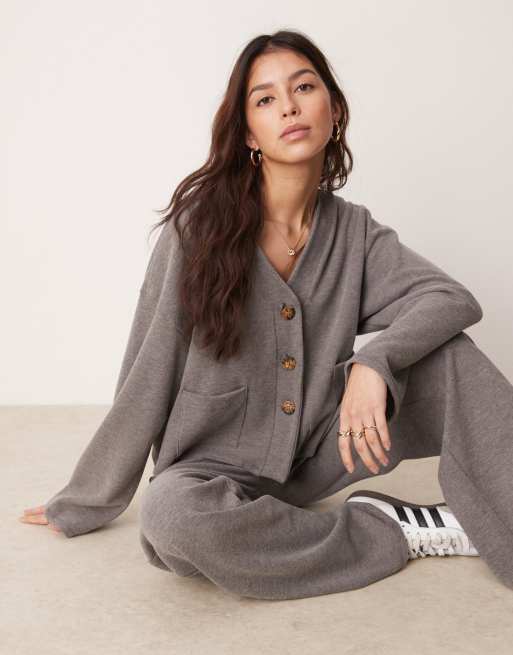 ASOS DESIGN soft touch cardigan with pockets in charcoal marl (part of a set)