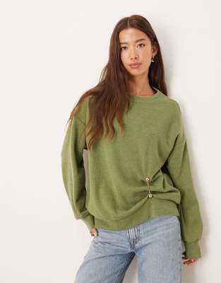 Asos Design Soft Touch Cinched Trim Detail Long Sleeve Top In Green