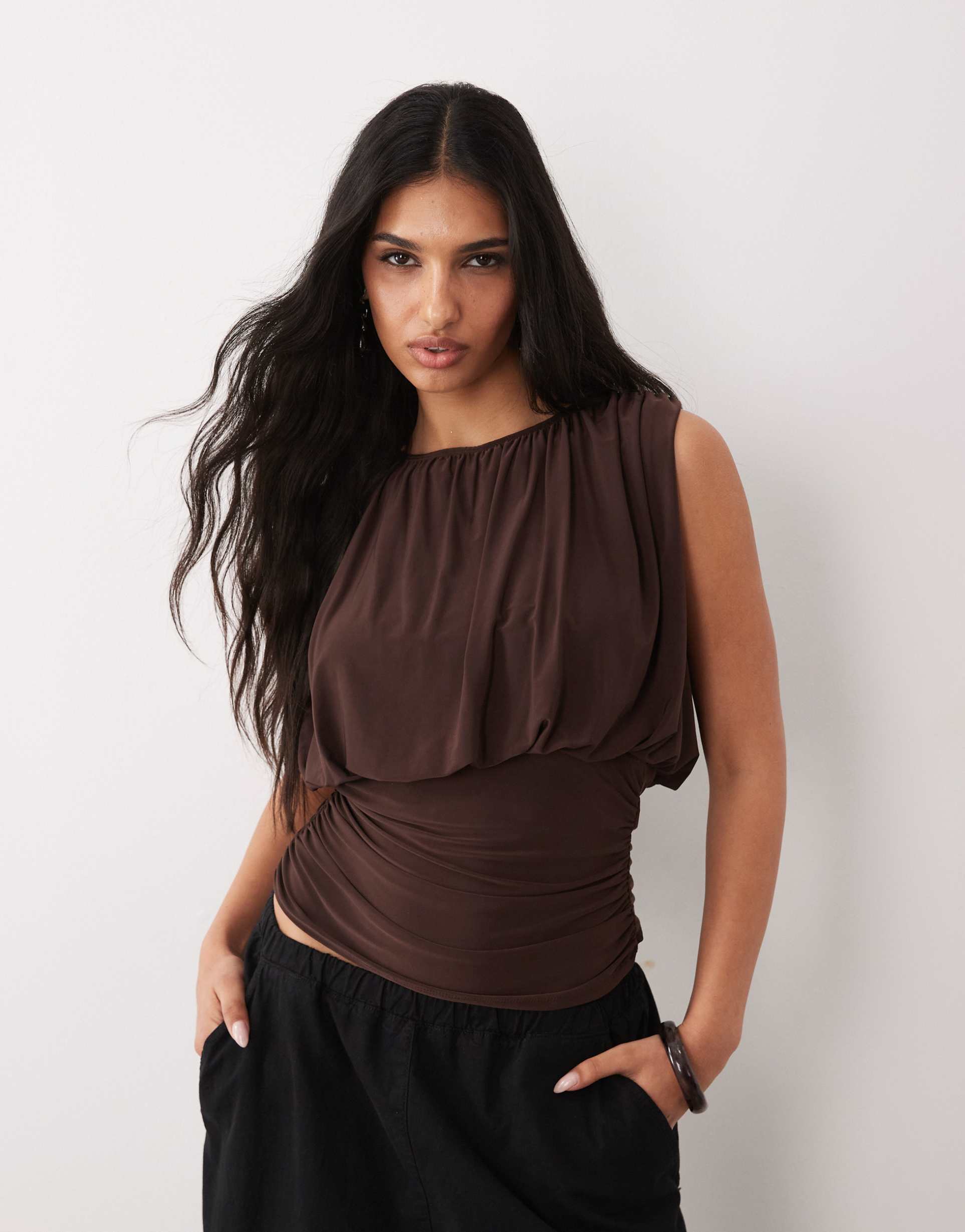 asos design soft touch cinched waist top in chocolate