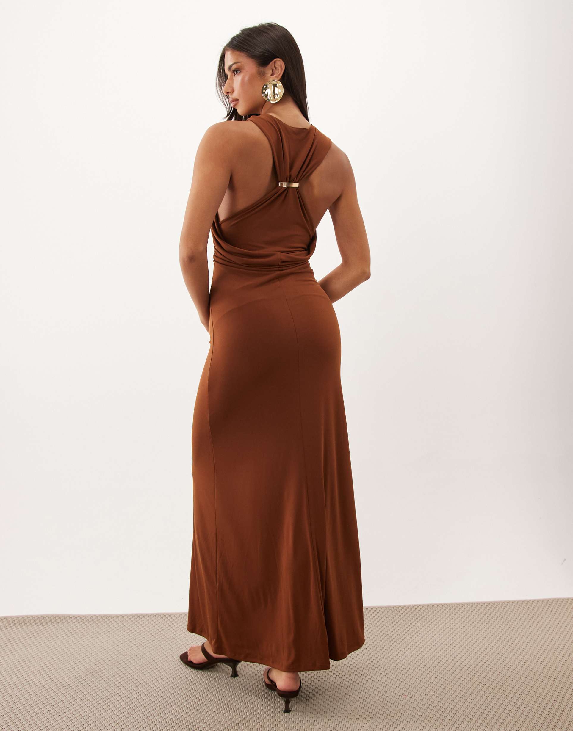 asos design soft touch column maxi dress with trim back detail in brown