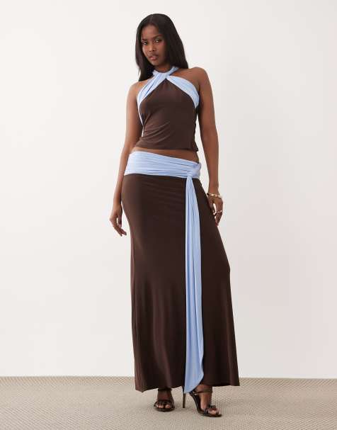 ASOS DESIGN soft touch contrast sash waist maxi skirt co-ord in chocolate - view 1