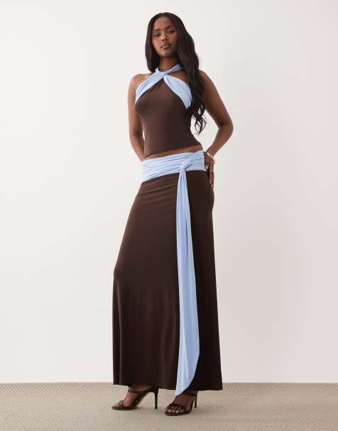 ASOS DESIGN soft touch contrast sash waist maxi skirt co-ord in chocolate - view 1