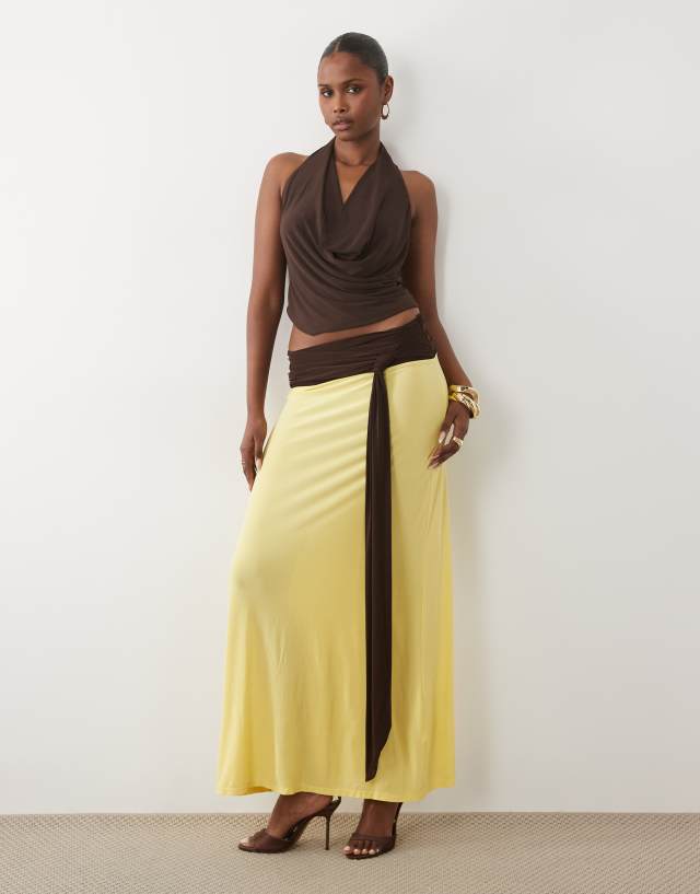 ASOS DESIGN soft touch contrast sash waist maxi skirt in yellow and brown - part of a set