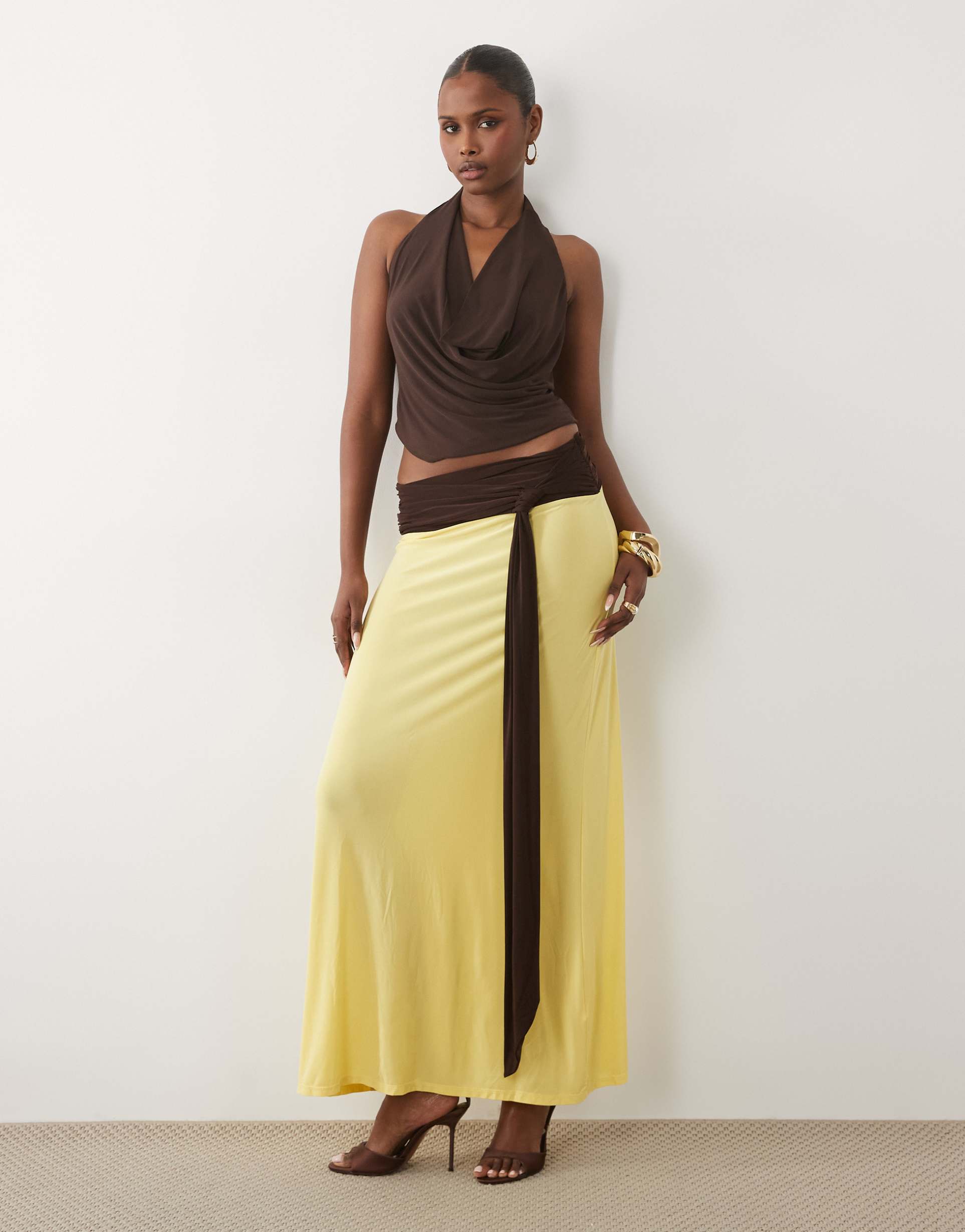 asos design soft touch contrast sash waist maxi skirt in yellow and brown - part of a set