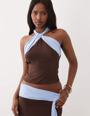 Asos Design Soft Touch Contrast Tie Neck Halter Co-ord In Brown