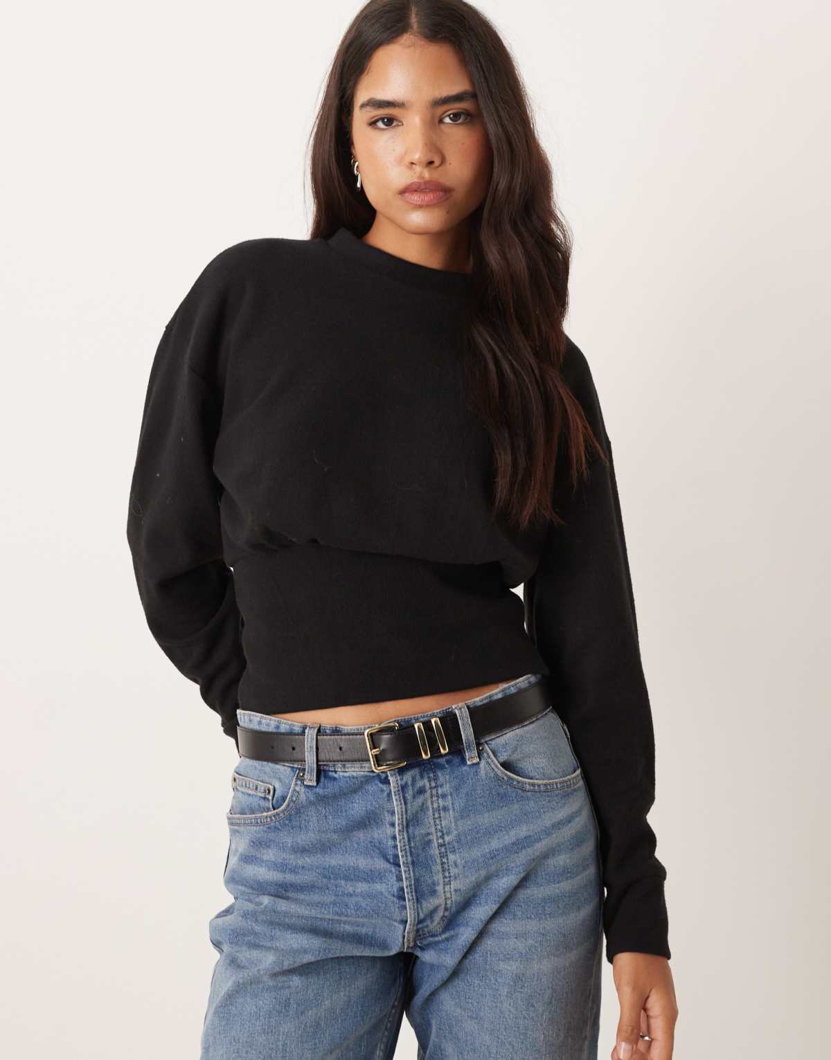 ASOS DESIGN soft touch corset waist long sleeve top in black