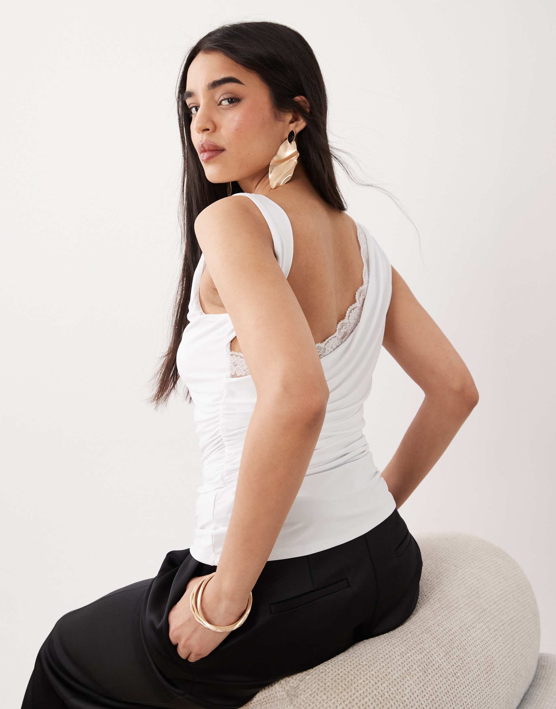 asos design soft touch cowl back tank top with lace trim detail in white