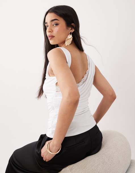 ASOS DESIGN soft touch cowl back tank with lace trim detail in white - view 1