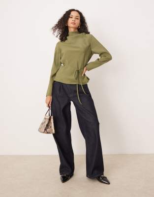 soft touch cowl neck tie waist top in khaki-Green