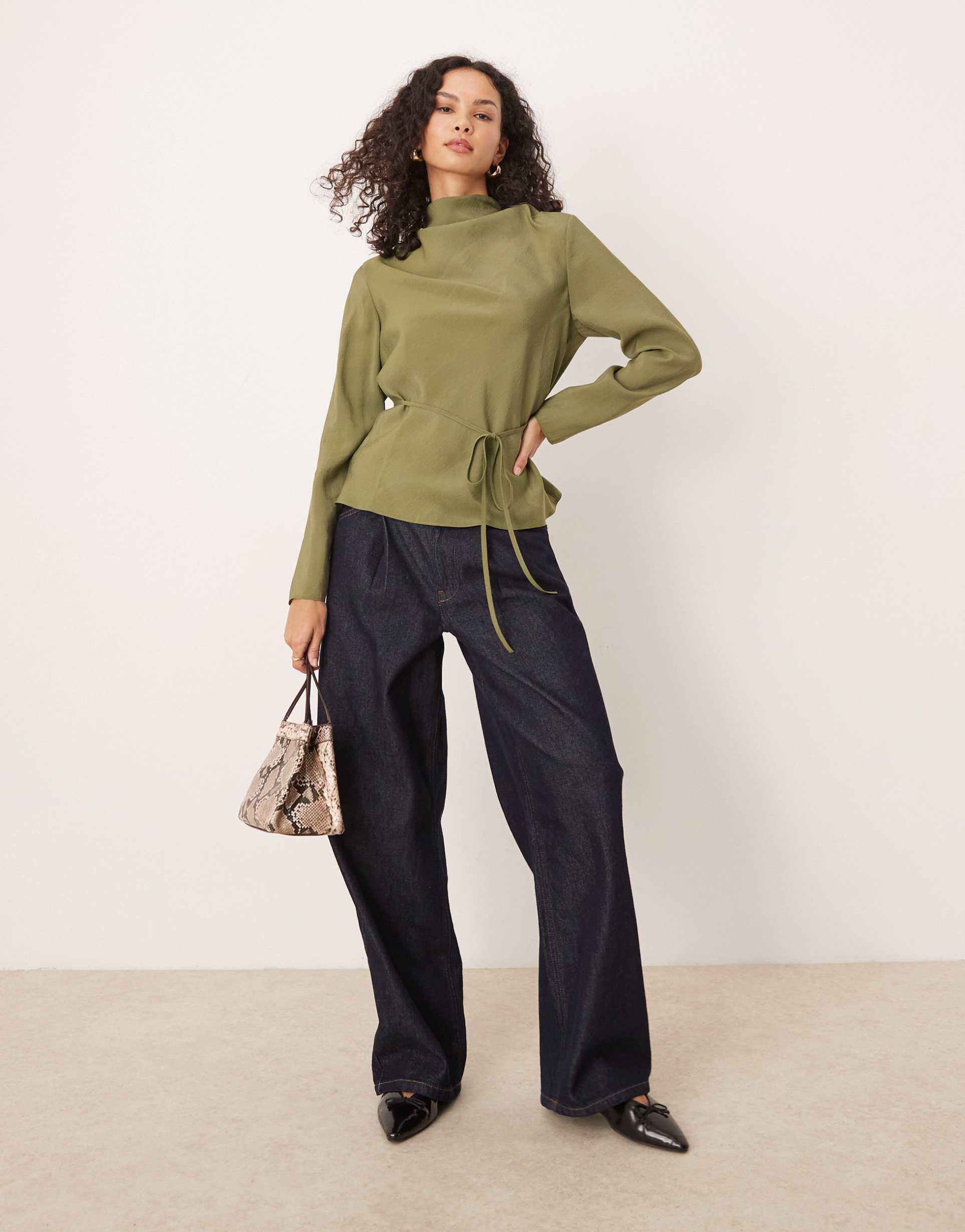 asos design soft touch cowl neck tie waist top in khaki