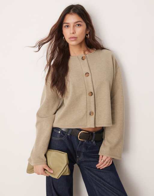 ASOS DESIGN soft touch crew neck cardigan in charcoal heather