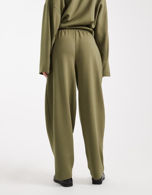 ASOS DESIGN soft touch cupro barrel leg trackies with seam details in khaki, 2 of 5
