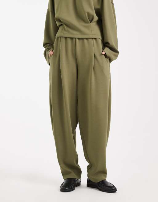 ASOS DESIGN soft touch cupro barrel leg trackies with seam details in khaki, 4 of 5
