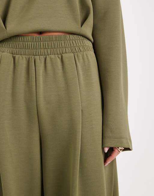 ASOS DESIGN soft touch cupro barrel leg trackies with seam details in khaki, 5 of 5