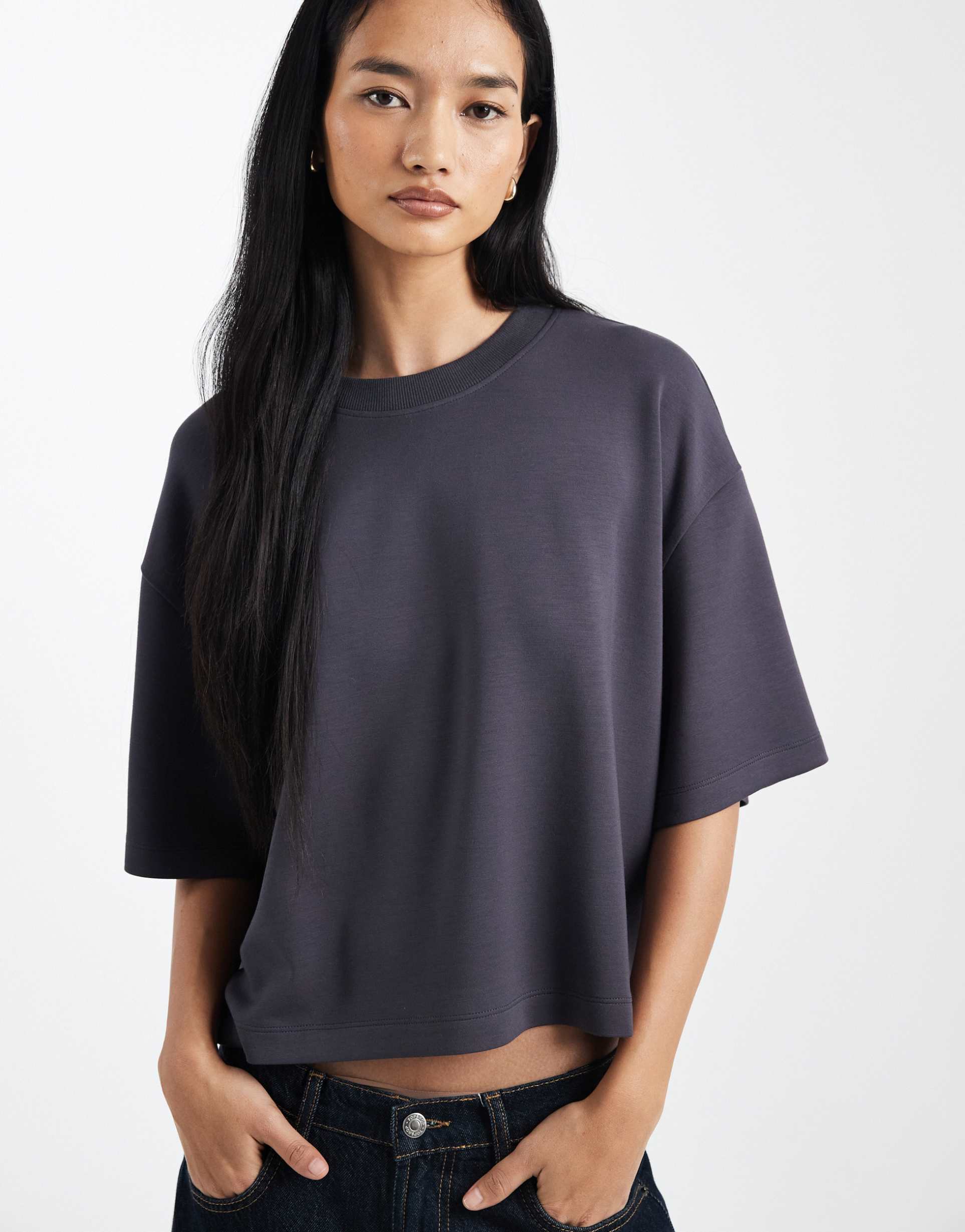 asos design soft touch cupro boxy crop t-shirt in charcoal