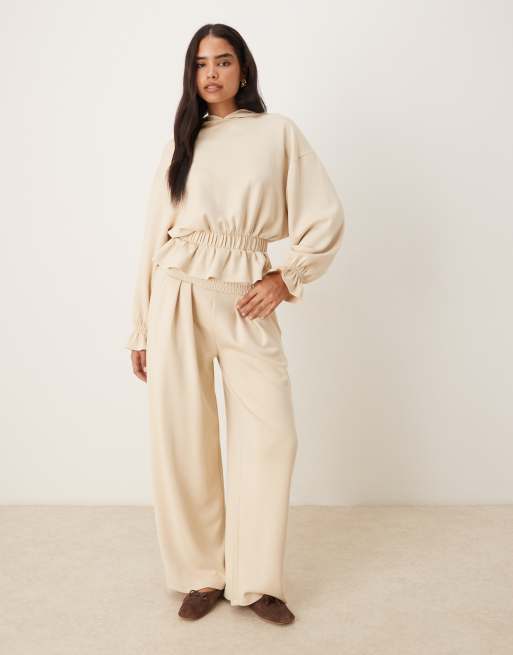 ASOS DESIGN soft touch cupro hoodie with frill hem detail in stone, 3 of 4