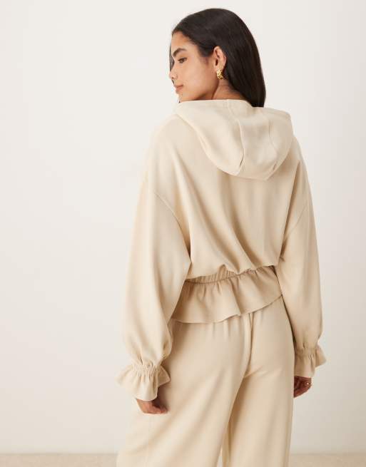 ASOS DESIGN soft touch cupro hoodie with frill hem detail in stone, 4 of 4