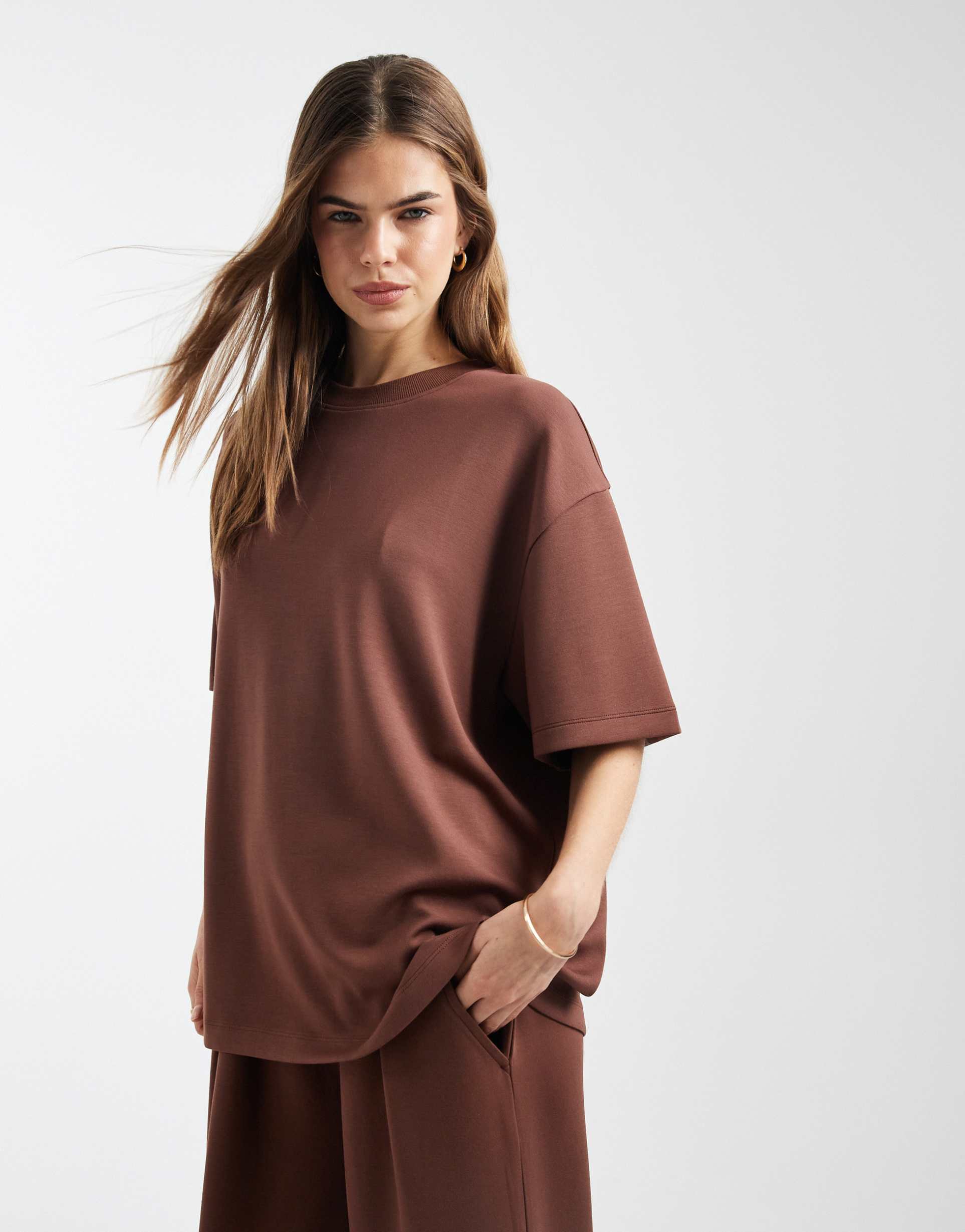 asos design soft touch cupro oversized t-shirt in chocolate