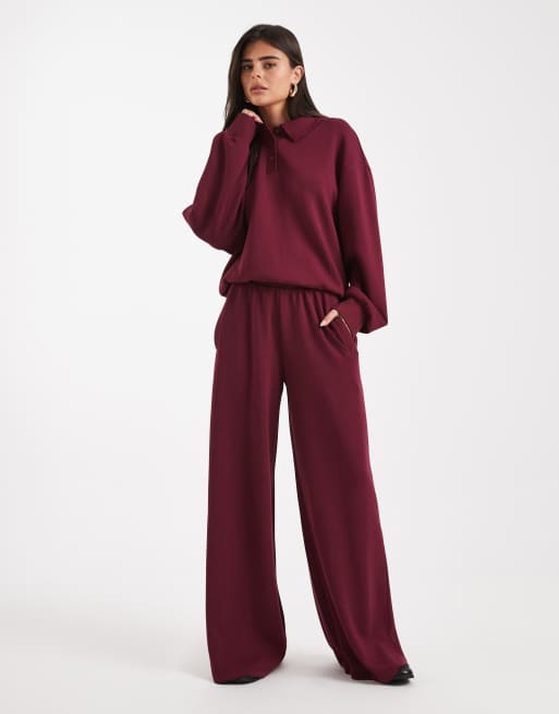ASOS DESIGN soft touch cupro super wide leg trackies in burgundy