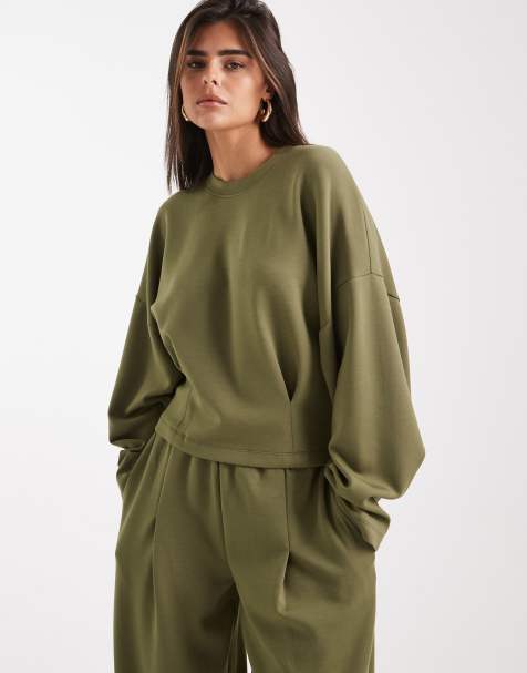 ASOS DESIGN soft touch cupro sweatshirt with seam details in khaki - view 1